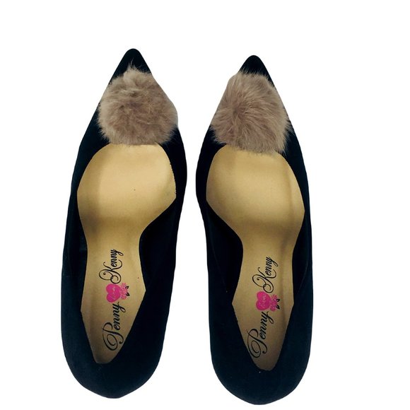 Penny Loves Kenny Manner Vegan Suede Pom Pointed Toe Pump Heels Black 10 Wide - Picture 4 of 8